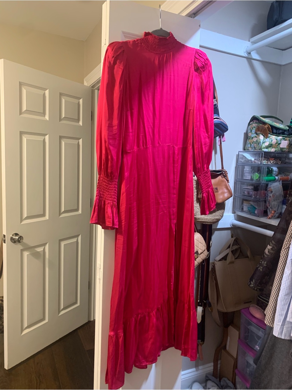 Karlie Hot Pink Long Sleeve silk satin Midi Dress with slit
